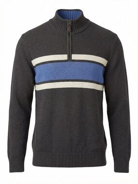 Eddie Bauer Men’s XL Charcoal Grey Blue Stripe Quarter Zip Cotton Sweater Preppy